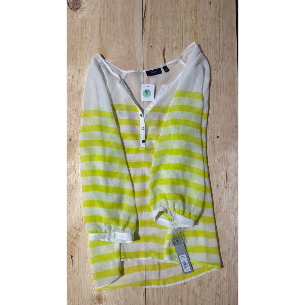 Apt 9 Womens Large Neon Yellow White Striped 3/4 Sleeve Pleat Front Blouse NWT